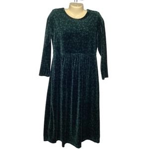 Vintage LL BEAN Dress Womens S/M Green Floral Berries Pullover Midi Velour 90s